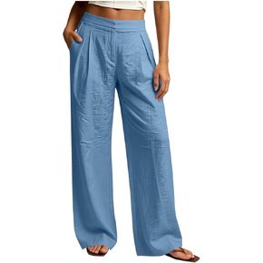 Women's Linen Pants Lightweight Loose High Waisted Wide Leg Pant Button Down Dressy Casual Trousers with Pockets in Kuwait