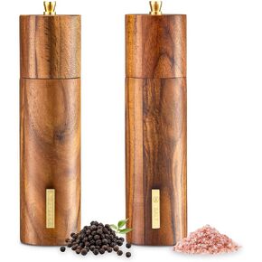 2 Pack Acacia Wooden Salt and Pepper Grinder Set with Gold Label, Premium 8 Inches salt and pepper shakers, Manual Wood Grinders with Adjustable Coarseness Ceramic Core, Ideal for Kitchen Home Gift in Saudi Arabia