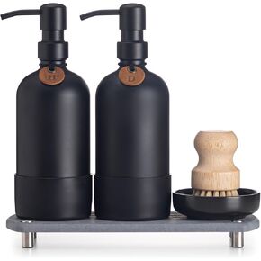 [Luxurious] Hand and Dish Soap Dispenser Set, Kitchen Soap Dispenser Set with Handmade Leather Tag, Instant Dry Tray, Stainless Steel Pump, Non-Slip Pad, Add Elegant Touch to Your Kitchen Sink in Kuwait