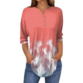 Womens Slim 3/4 Sleeve Daily Tops Button Down Dressy Casual Blouse V Neck Fashion Trendy Floral Print Tunic in Kuwait