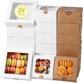 Jollidecor 24 قطعة من صناديق البسكويت مع نافذة، 6x6x3 بوصة و8x8x2.5 بوصة صناديق مخبز للشوكولاتة الفراولة، الكعك، الحلويات، الكوكيز، المعكرون، الكعك الصغير in Kuwait