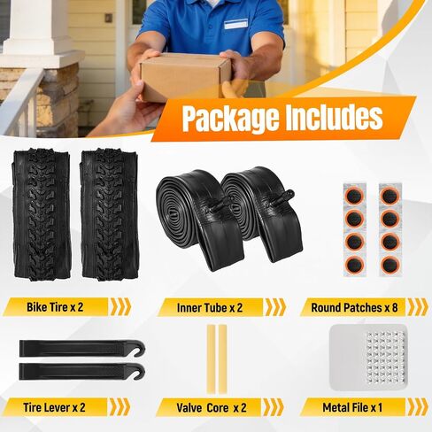 2 Pack 24" x 2.125" Mountain Bike Tire Set, 24 inch Folding Replacement Puncture-Resistant Bicycle Tires with 24 x 1.75-2.125 inch Bike Tubes and Repair Tool Kit for Mountain Bike, Off-Road Bike in Kuwait