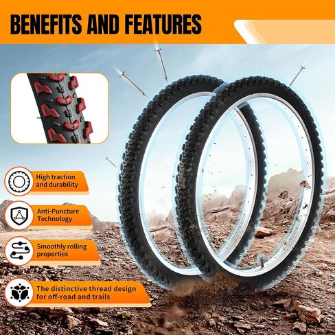 2 Pack 24" x 2.125" Mountain Bike Tire Set, 24 inch Folding Replacement Puncture-Resistant Bicycle Tires with 24 x 1.75-2.125 inch Bike Tubes and Repair Tool Kit for Mountain Bike, Off-Road Bike in Kuwait