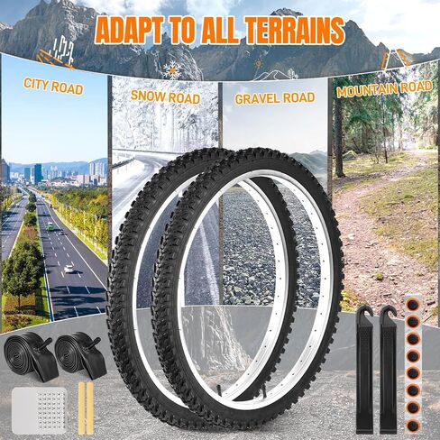 2 Pack 24" x 2.125" Mountain Bike Tire Set, 24 inch Folding Replacement Puncture-Resistant Bicycle Tires with 24 x 1.75-2.125 inch Bike Tubes and Repair Tool Kit for Mountain Bike, Off-Road Bike in Kuwait