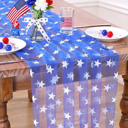 10FT Patriotic Table Runner - 29x120 Inch 4th of July USA Stars Table Decorations Blue Gauze Table Runners for 250th Anniversary Independence Day Party Decor Dining Outdoor Memorial Day Accessories in Kuwait