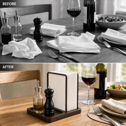 Premium Napkin Holder for Table, No-Screw Farmhouse Wooden Napkin Dispenser for Kitchen Dining Room Coffee Bar, Rustic Paper Napkin Storage (Brown) in Kuwait