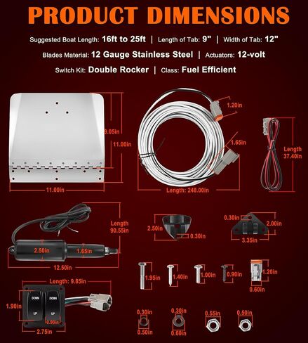 15101-104 9" X 12" Standard Boat Trim Tab Kit, 12V Electric Trim Tabs with Double Rocker Switch Fits for 16-25 ft Boats in Kuwait