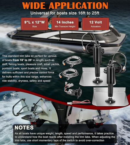 15101-104 9" X 12" Standard Boat Trim Tab Kit, 12V Electric Trim Tabs with Double Rocker Switch Fits for 16-25 ft Boats in Kuwait