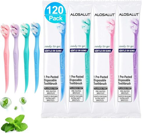 36 Pack Pre-Pasted Mint Disposable Toothbrushes – Individually Wrapped Mini Ultra Soft Bristles Toothbrush - Fluoride Free No Rinsing - 3-in-1 with Floss Pick Tongue Cleaner for Braces Travel Camping in Kuwait