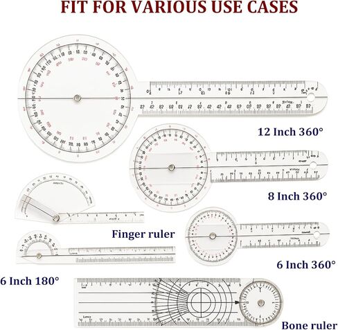 Goniometer Set of 6, 6/8/12 inch 360°Goniometer Set Protractor Angle Finder Angle Ruler Plastic Goniometer Physical Therapy for Body Measuring in Kuwait