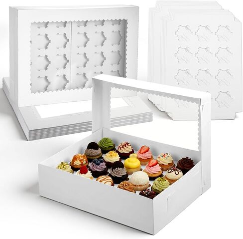 10 Pack Cupcake Boxes with Window and Inserts, 24 Pcs Mini Cupcakes Container Corrugated White Bakery Boxes for Birthday Holiday Party Bakery Supplies(15x11x4 Inch in Kuwait
