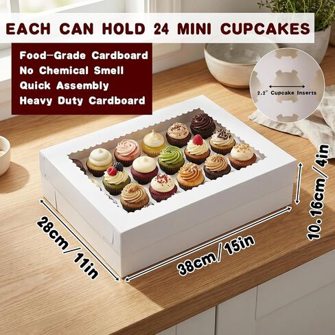 10 Pack Cupcake Boxes with Window and Inserts, 24 Pcs Mini Cupcakes Container Corrugated White Bakery Boxes for Birthday Holiday Party Bakery Supplies(15x11x4 Inch in Kuwait