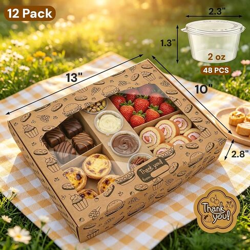 12 عبوة من صناديق Charcuterie To Go، صناديق الوجبات الخفيفة مقاس 33.02 سم × 25.4 سم × 2.8 سم مع 4 حجرات ونافذة، تتضمن 48 كوب صلصة، وملصق شكرًا لك، وأوراق ورق كرافت، وحاويات إخراج المخبوزات لتقديم الطعام in Kuwait