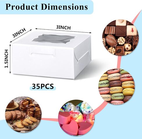 MUMULULU 35 قطعة 3 × 3 × 1.5 بوصة صناديق ملفات تعريف الارتباط البيضاء الممتازة مع نافذة صغيرة فردية دونات علب حلوى صغيرة أنيقة لحفلات الزفاف وأعياد الميلاد والعطلات وحفلات الشركات in Kuwait