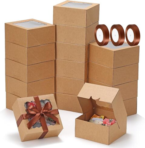 COTOPHER Auto Pop Up Cookie Box with Window 8x6x2.5 Inches – 50 Pack Brown Bakery Boxes with Ribbon for Birthday Party Favors, Wedding, Christmas Gift Packaging for Cookies, Candy, Macarons in Kuwait