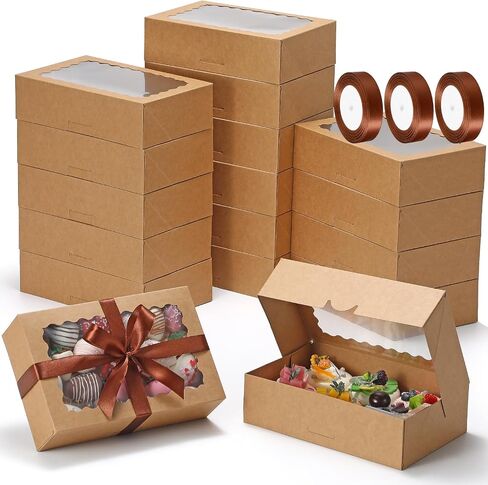 COTOPHER Auto Pop Up Cookie Box with Window 8x6x2.5 Inches – 50 Pack Brown Bakery Boxes with Ribbon for Birthday Party Favors, Wedding, Christmas Gift Packaging for Cookies, Candy, Macarons in Kuwait