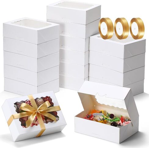 COTOPHER Auto Pop Up Cookie Box with Window 8x6x2.5 Inches – 50 Pack Brown Bakery Boxes with Ribbon for Birthday Party Favors, Wedding, Christmas Gift Packaging for Cookies, Candy, Macarons in Kuwait
