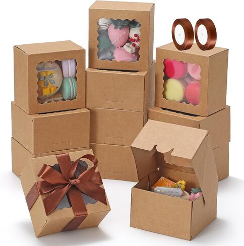 COTOPHER Auto Pop Up Cookie Box with Window 8x6x2.5 Inches – 50 Pack Brown Bakery Boxes with Ribbon for Birthday Party Favors, Wedding, Christmas Gift Packaging for Cookies, Candy, Macarons in Kuwait