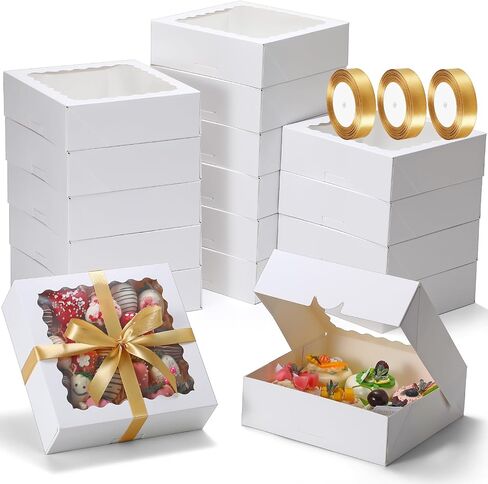 COTOPHER Auto Pop Up Cookie Box with Window 8x6x2.5 Inches – 50 Pack Brown Bakery Boxes with Ribbon for Birthday Party Favors, Wedding, Christmas Gift Packaging for Cookies, Candy, Macarons in Kuwait