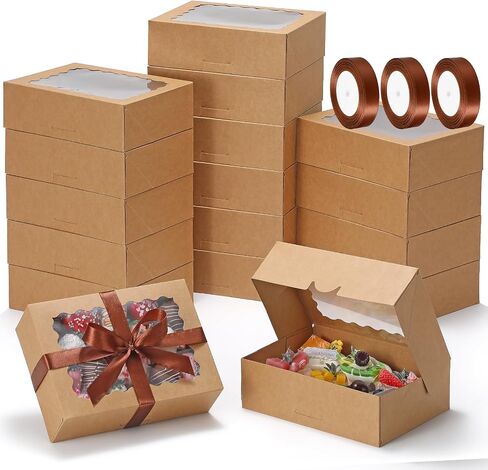 COTOPHER Auto Pop Up Cookie Box with Window 8x6x2.5 Inches – 50 Pack Brown Bakery Boxes with Ribbon for Birthday Party Favors, Wedding, Christmas Gift Packaging for Cookies, Candy, Macarons in Kuwait
