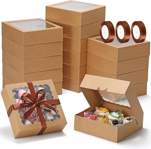 COTOPHER Auto Pop Up Cookie Box with Window 8x6x2.5 Inches – 50 Pack Brown Bakery Boxes with Ribbon for Birthday Party Favors, Wedding, Christmas Gift Packaging for Cookies, Candy, Macarons in Kuwait