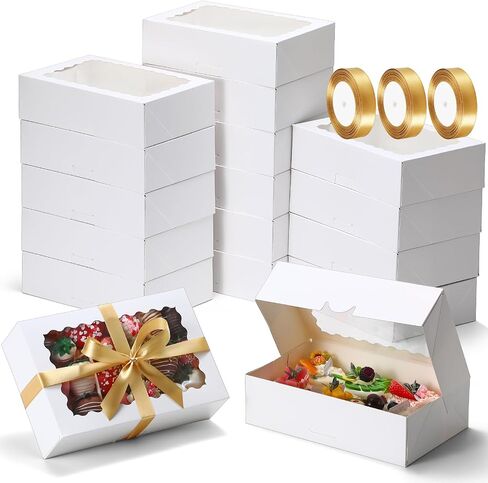 COTOPHER Auto Pop Up Cookie Box with Window 8x6x2.5 Inches – 50 Pack Brown Bakery Boxes with Ribbon for Birthday Party Favors, Wedding, Christmas Gift Packaging for Cookies, Candy, Macarons in Kuwait