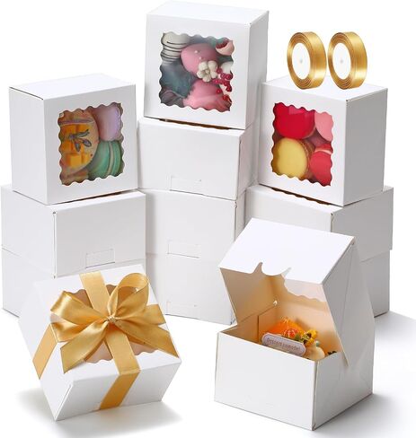 COTOPHER Auto Pop Up Cookie Box with Window 8x6x2.5 Inches – 50 Pack Brown Bakery Boxes with Ribbon for Birthday Party Favors, Wedding, Christmas Gift Packaging for Cookies, Candy, Macarons in Kuwait