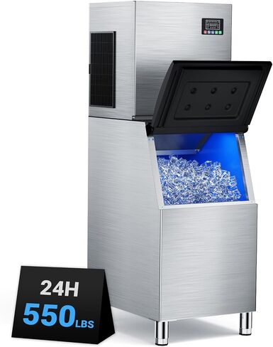 Commercial Ice Machine 550LBS/24H,Storage 400LBS,Large Industrial Ice Maker,Ice Ready in 5-15min,with Self-Cleaning Mode,with Timing Function,30 Levels of Ice Thickness Adjustment,Stainless Steel in Kuwait