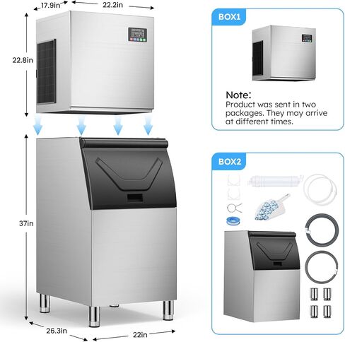 Commercial Ice Machine 550LBS/24H,Storage 400LBS,Large Industrial Ice Maker,Ice Ready in 5-15min,with Self-Cleaning Mode,with Timing Function,30 Levels of Ice Thickness Adjustment,Stainless Steel in Kuwait