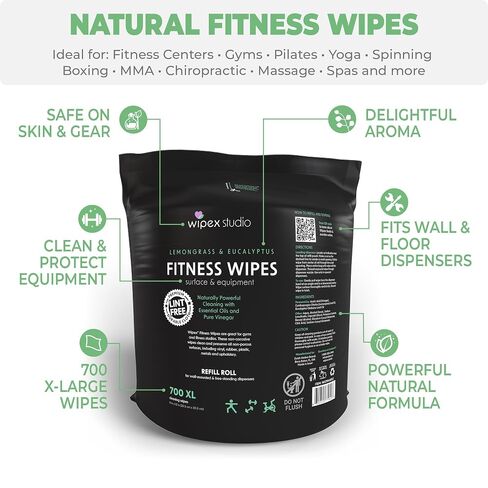 إعادة تعبئة موزع مناديل Wipex Gym، عدد 1400 (2 لفات × 700)، مناديل مبللة سميكة ممتازة لمعدات الصالة الرياضية، رائحة عشب الليمون، مناديل تنظيف للياقة البدنية مقاس 8 × 12 بوصة in Kuwait