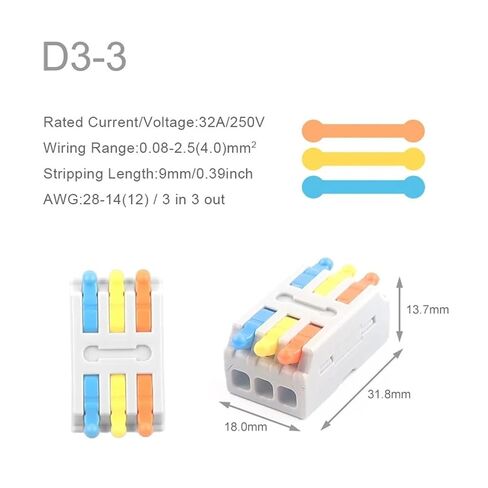 Universal Compact Wiring Splicing Conector 10PCS Universal Compact Wire Connector Splitter Quick Electrical Cable Splice Terminal Block for 28-12AWG Small Wiring Connector(D3-3Meter) in Kuwait