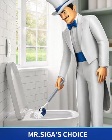 فرشاة مرحاض MR.SIGA مع حامل، فرشاة وعاء المرحاض تحت الحافة بتصميم منحني للزوايا التي يصعب الوصول إليها، مقبض طويل 16.2 بوصة (41.1 سم)، أبيض ورمادي، عبوة واحدة in Kuwait