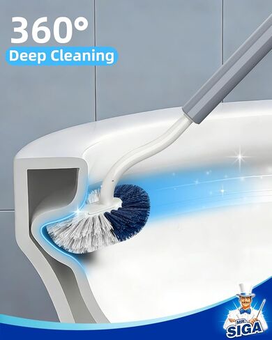 فرشاة مرحاض MR.SIGA مع حامل، فرشاة وعاء المرحاض تحت الحافة بتصميم منحني للزوايا التي يصعب الوصول إليها، مقبض طويل 16.2 بوصة (41.1 سم)، أبيض ورمادي، عبوة واحدة in Kuwait