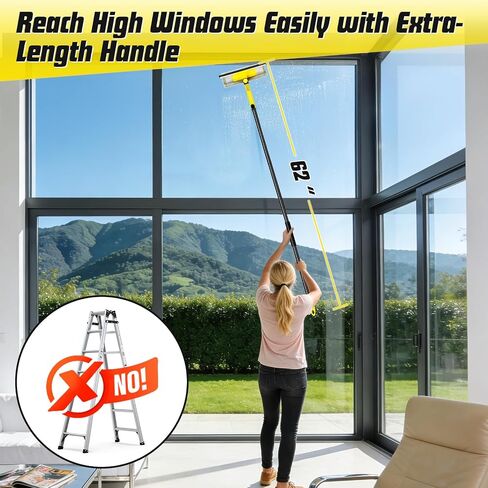 Professional Window Squeegee with 60" Extension Pole for Home | 2 in 1 Squeegee for Window Cleaning with Scrubber/ Rotatable Head for Car Glass Shower Indoor & Outdoor High Windows in Kuwait