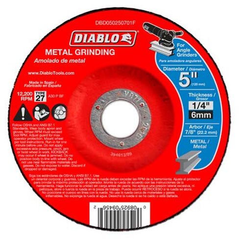 Diablo Type 27 Metal Grinding Disc - Superior Performance - 5" Diameter, 7/8" Arbor, 27 Hub Type, 1/4" Thickness, 12200 MAX RPM - DBD050250701F in Kuwait