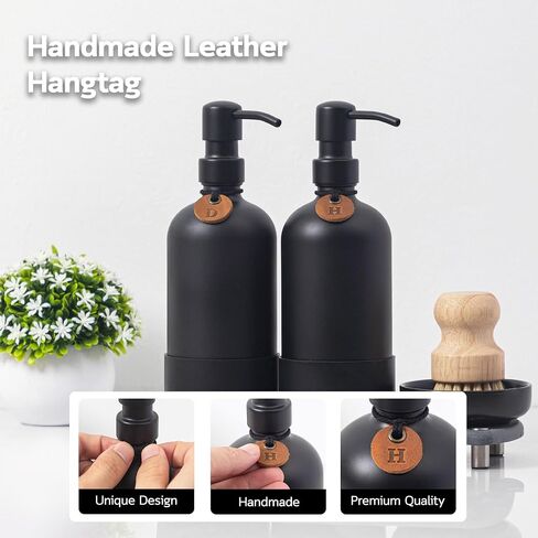 [Luxurious] Hand and Dish Soap Dispenser Set, Kitchen Soap Dispenser Set with Handmade Leather Tag, Instant Dry Tray, Stainless Steel Pump, Non-Slip Pad, Add Elegant Touch to Your Kitchen Sink in Kuwait