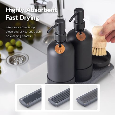[Luxurious] Hand and Dish Soap Dispenser Set, Kitchen Soap Dispenser Set with Handmade Leather Tag, Instant Dry Tray, Stainless Steel Pump, Non-Slip Pad, Add Elegant Touch to Your Kitchen Sink in Kuwait