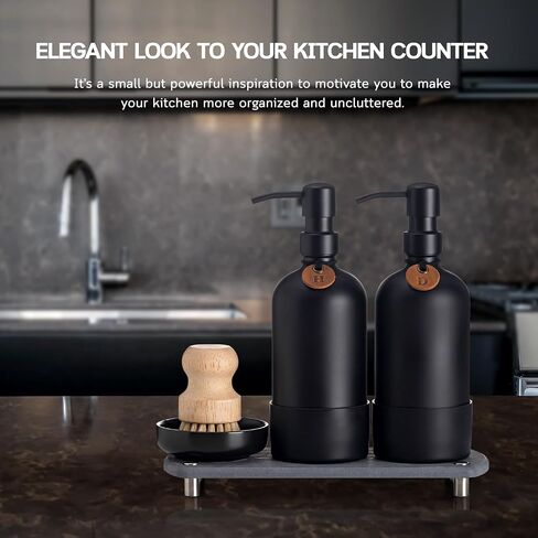 [Luxurious] Hand and Dish Soap Dispenser Set, Kitchen Soap Dispenser Set with Handmade Leather Tag, Instant Dry Tray, Stainless Steel Pump, Non-Slip Pad, Add Elegant Touch to Your Kitchen Sink in Kuwait