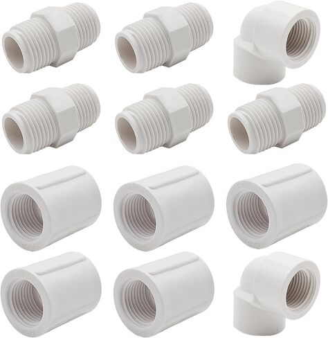 12 قطعة من تركيبات أنابيب PVC NPT مقاس 1/2 بوصة - 5 قطع من موصل محول اقتران الحلمة PVC (ذكر × ذكر) + 5 قطع موصل محول تركيب الأنابيب الأنثوية + 2 قطعة تركيب أنابيب كوع PVC مزدوجة 90 درجة in Kuwait