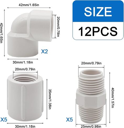 12 قطعة من تركيبات أنابيب PVC NPT مقاس 1/2 بوصة - 5 قطع من موصل محول اقتران الحلمة PVC (ذكر × ذكر) + 5 قطع موصل محول تركيب الأنابيب الأنثوية + 2 قطعة تركيب أنابيب كوع PVC مزدوجة 90 درجة in Kuwait