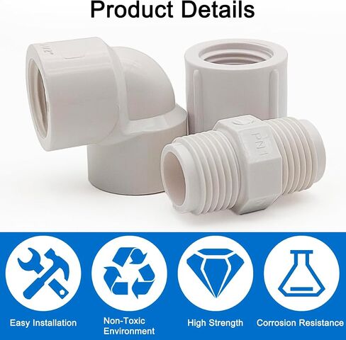 12 قطعة من تركيبات أنابيب PVC NPT مقاس 1/2 بوصة - 5 قطع من موصل محول اقتران الحلمة PVC (ذكر × ذكر) + 5 قطع موصل محول تركيب الأنابيب الأنثوية + 2 قطعة تركيب أنابيب كوع PVC مزدوجة 90 درجة in Kuwait