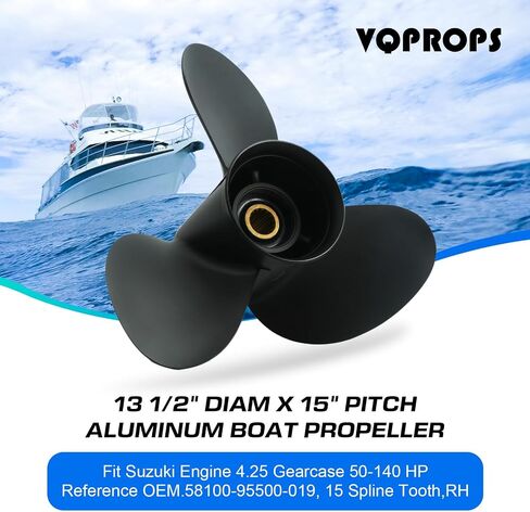 13 1/2x15 مروحة القارب المصنوعة من الألومنيوم لمحرك سوزوكي DF 50/60/70/90/100/115/140 HP، 15 سنًا، 3 شفرات، رقم أجزاء OEM 58100-95500-019، Rh in Kuwait