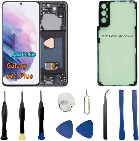 OLED GALAXY S21 Plus LCD Screen Presentive for Samsung Galaxy S21 Plus 5G Display Touch Screen Digitizer Assembly SM-G996U SM-G996U1 Pudprint. (مع الإطار الأسود+الغطاء الخلفي لاصق+أدوات) in Kuwait