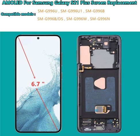 OLED GALAXY S21 Plus LCD Screen Presentive for Samsung Galaxy S21 Plus 5G Display Touch Screen Digitizer Assembly SM-G996U SM-G996U1 Pudprint. (مع الإطار الأسود+الغطاء الخلفي لاصق+أدوات) in Kuwait