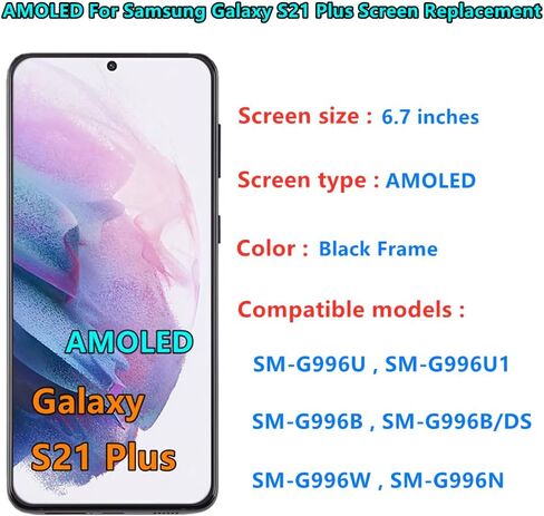 OLED GALAXY S21 Plus LCD Screen Presentive for Samsung Galaxy S21 Plus 5G Display Touch Screen Digitizer Assembly SM-G996U SM-G996U1 Pudprint. (مع الإطار الأسود+الغطاء الخلفي لاصق+أدوات) in Kuwait
