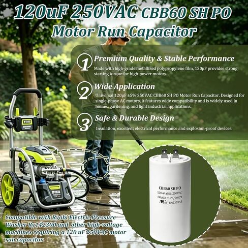 مكثف تشغيل المحرك 120 فائق التوهج 250VAC CBB60 متوافق مع غسالة الضغط الكهربائية Ryobi Ry142300 120MFD 120 فائق التوهج MFD 250 فولت تيار متردد 250 فولت تيار متردد in Kuwait
