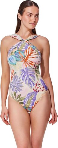 Gottex High Neck Twist One Piece- Shimmer Floral Fabric, Built-in Soft Cups, Front & Back Lining, Classic Back Coverage in Kuwait