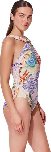 Gottex High Neck Twist One Piece- Shimmer Floral Fabric, Built-in Soft Cups, Front & Back Lining, Classic Back Coverage in Kuwait