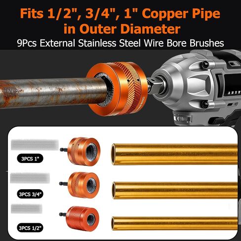 1/2" & 3/4" & 1" Metal Copper Pipe Cleaner Set, with 1/4 Hex Shank, Each Size Includes Additional 2PCS Replaceable Blades & Pipe Inter Cleaning Brushes, for Cleaning Rust, Stains, Paint on Metal Pipes in Kuwait