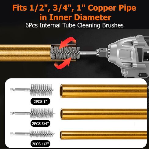 1/2" & 3/4" & 1" Metal Copper Pipe Cleaner Set, with 1/4 Hex Shank, Each Size Includes Additional 2PCS Replaceable Blades & Pipe Inter Cleaning Brushes, for Cleaning Rust, Stains, Paint on Metal Pipes in Kuwait